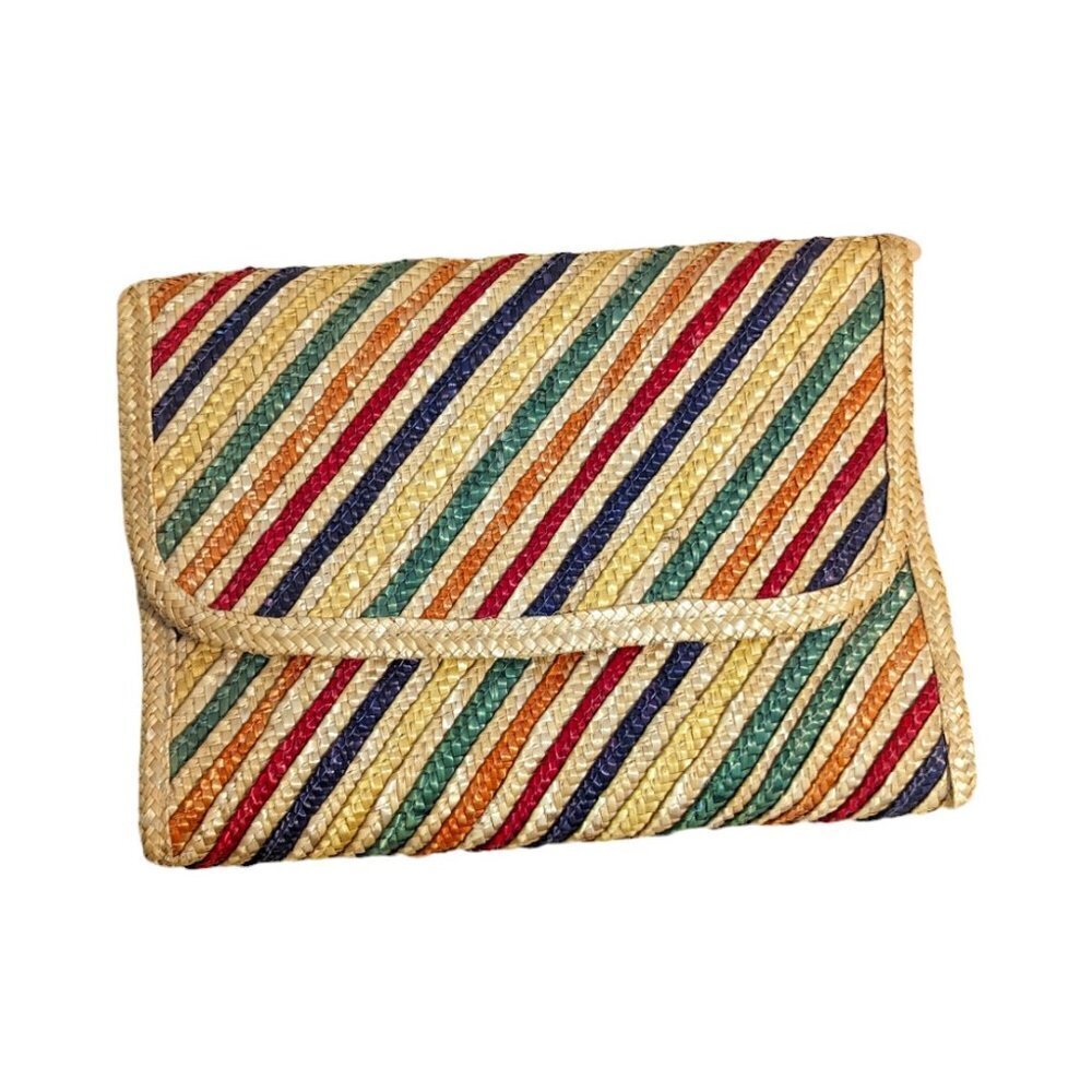 Vintage Straw Weave Clutch Bag Rainbow Purse Resortwear Dopamine‎ Dressing
